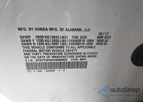 2017 Honda Pilot Ex-L from USA, damaged, VIN 5FNYF6H52HB085022